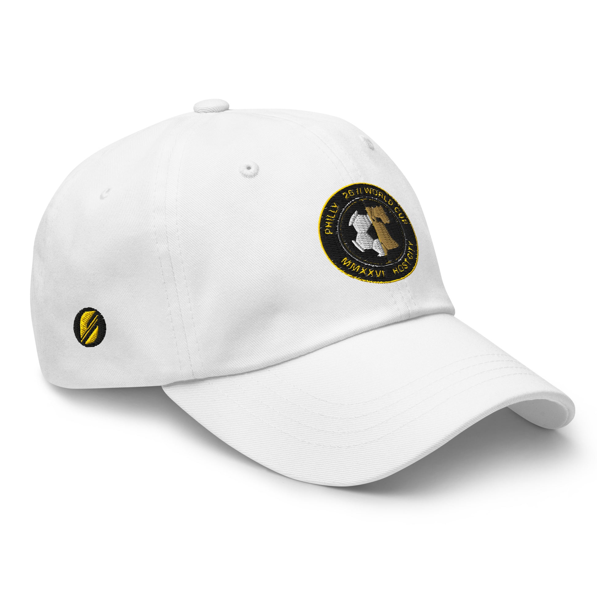 Liberty Protocol // Philly '26 Dad Hat — white right three-quarter view, summer-tone cap with Liberty Bell crest | SunBorn