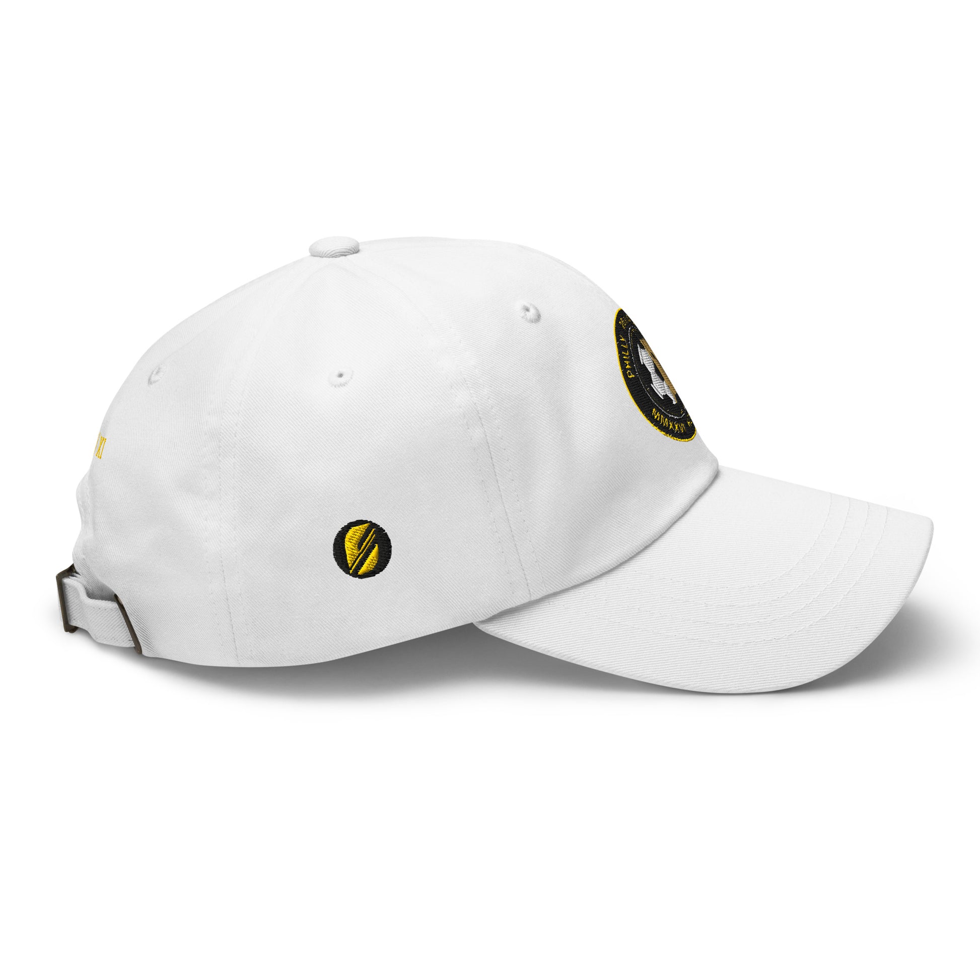 Liberty Protocol // Philly '26 Dad Hat — white right side view, SunBorn ⬤ mark embroidered on side panel | SunBorn