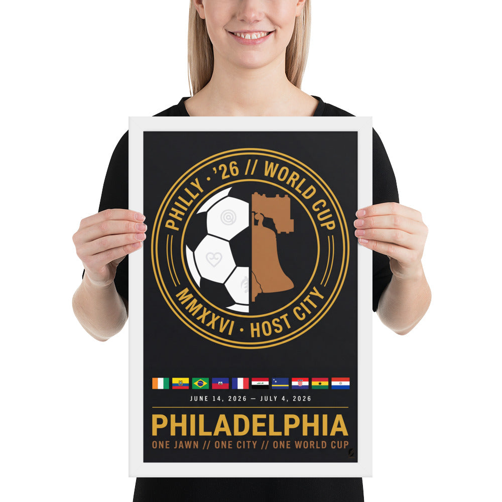 A person holds the 12x18 Philadelphia '26 Host City Crest Poster in a white frame, showing its scale.