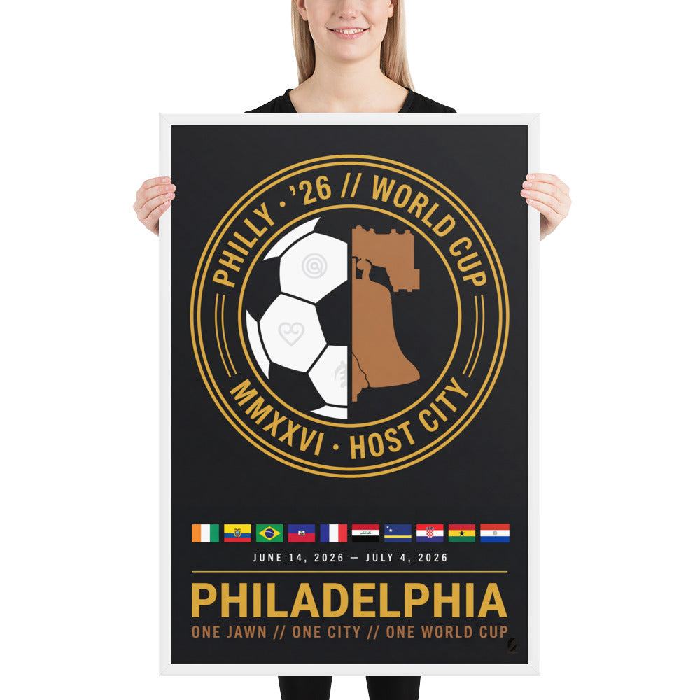 A person holds the 24x36 Philadelphia '26 Host City Crest Poster in a white frame, showing its scale.