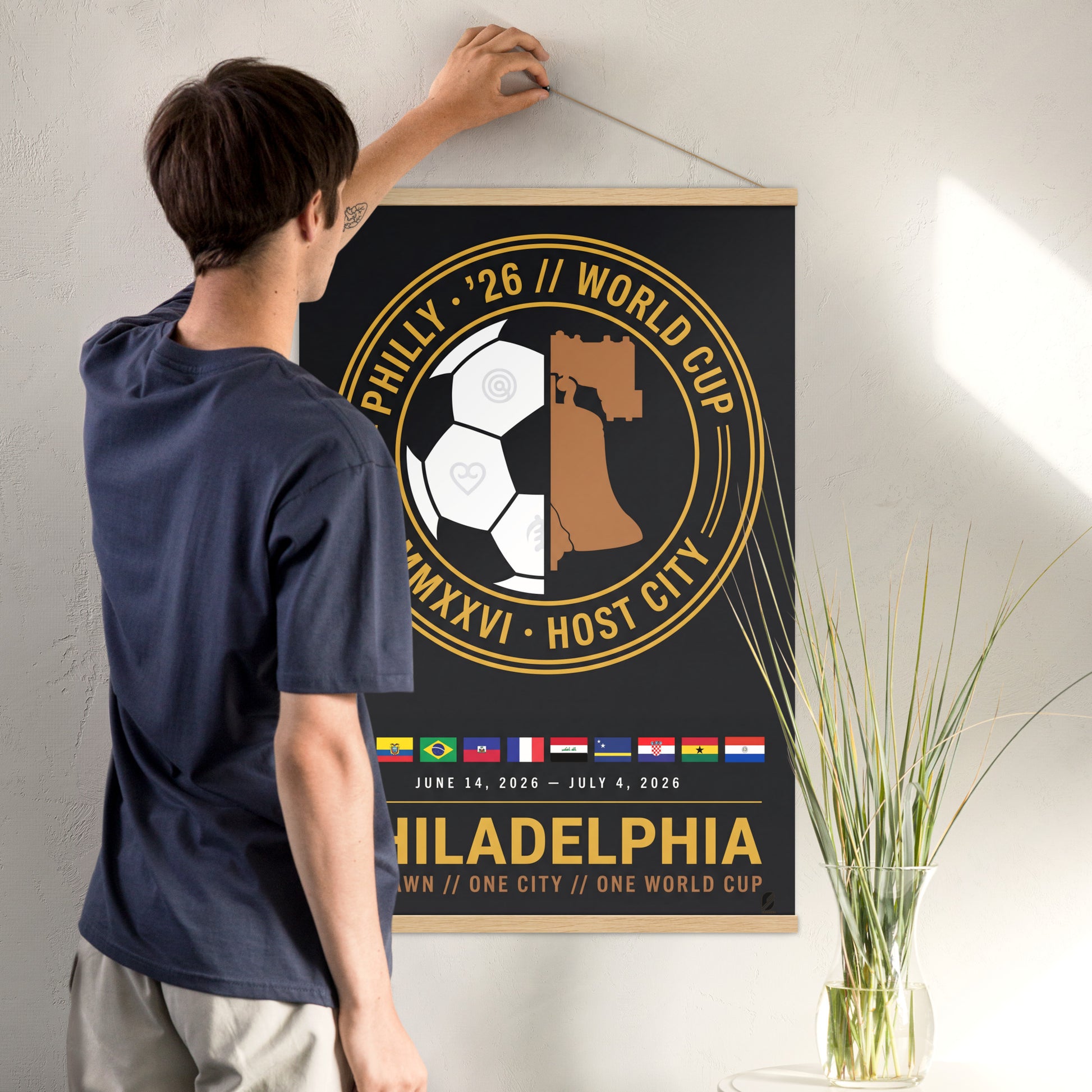 Philadelphia '26 Host City Crest Poster in a 24x36 oak wood hanger, shown flat against a plain background.