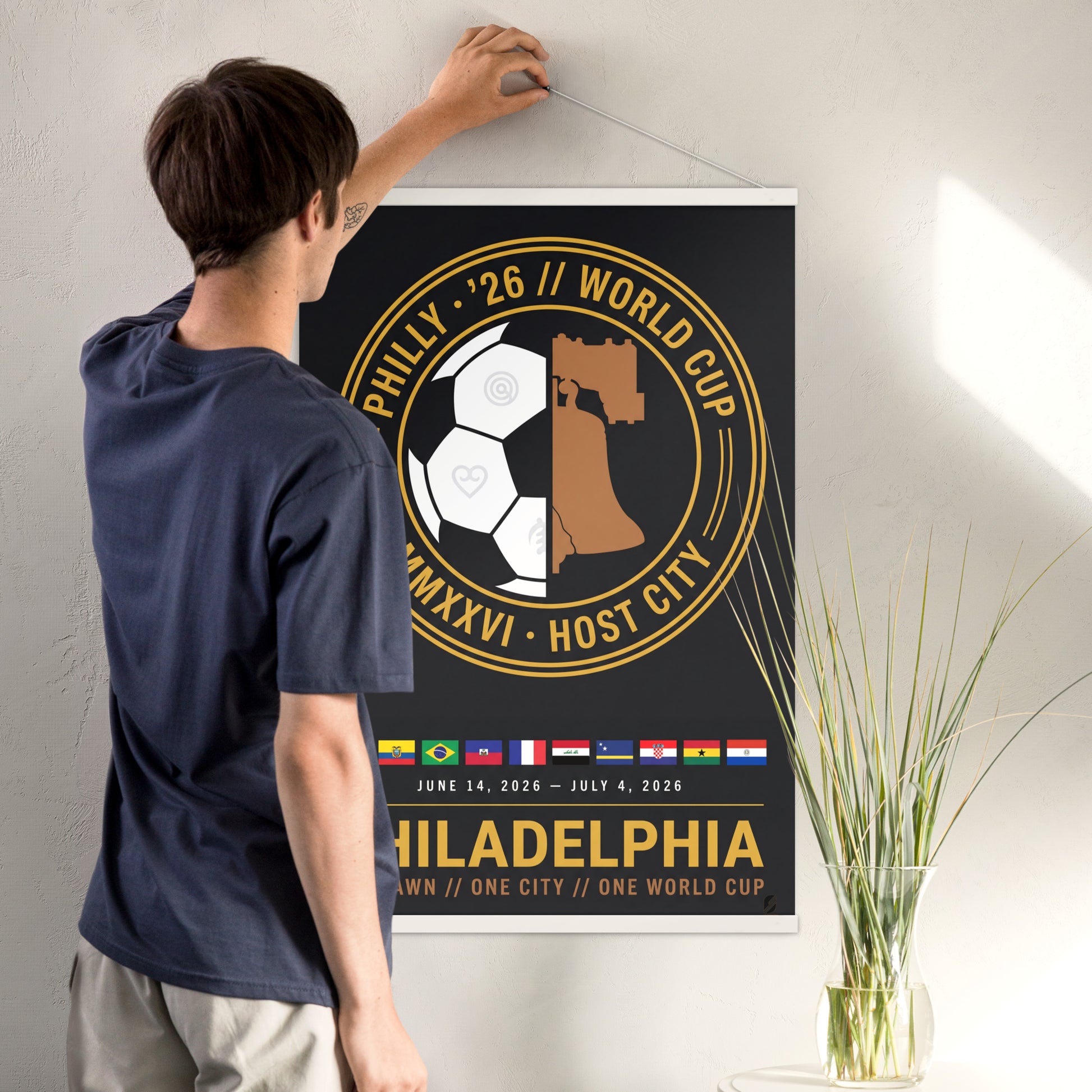 Philadelphia '26 Host City Crest Poster in a 24x36 white wood hanger, shown flat against a plain background.