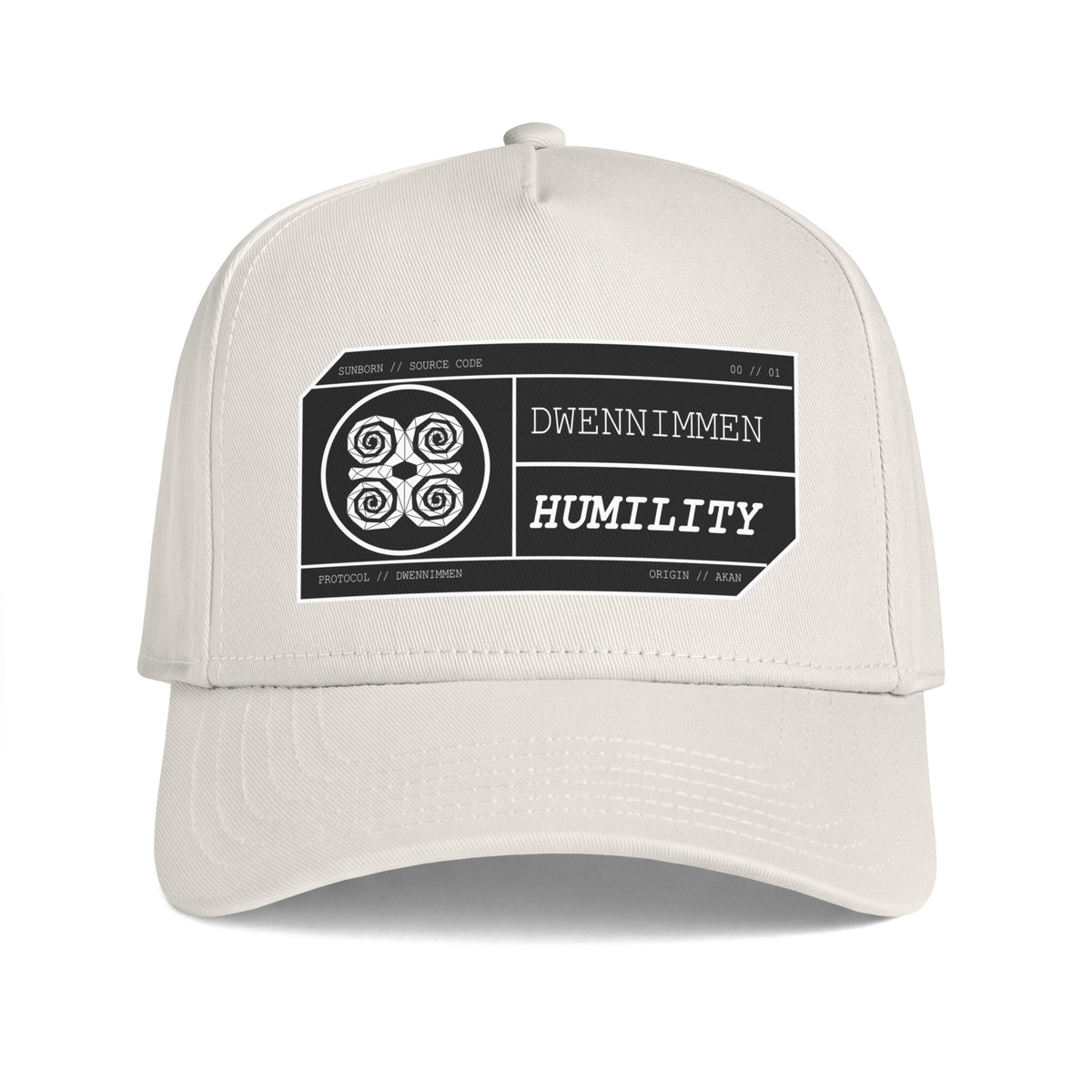 Adinkra Collection Dwennimmen Humility cap — Ecru colorway, front panel badge — SunBorn