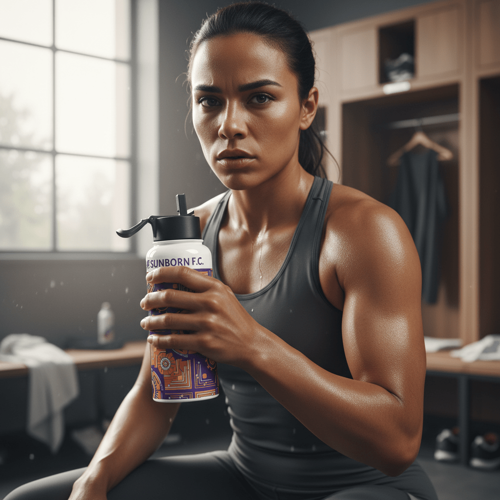 Female athlete holding the SunBorn Kinetic Engine water bottle in a locker room after training