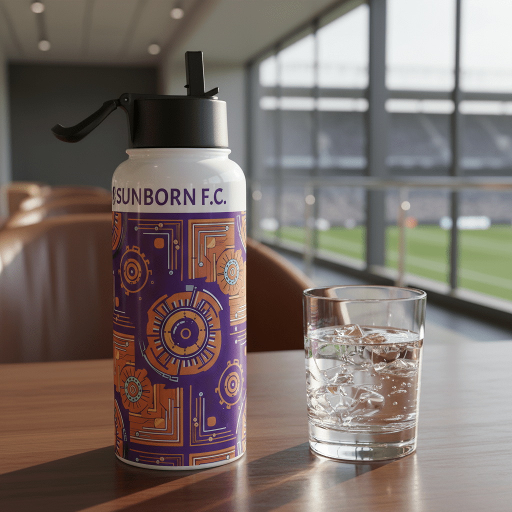 SunBorn Kinetic Engine water bottle on a table in a stadium suite overlooking the pitch, beside a glass of ice water