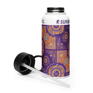 SunBorn Kinetic Engine water bottle studio shot — white 32oz stainless steel bottle with purple and orange circuit-and-gear print, black flip-straw lid resting beside the bottle