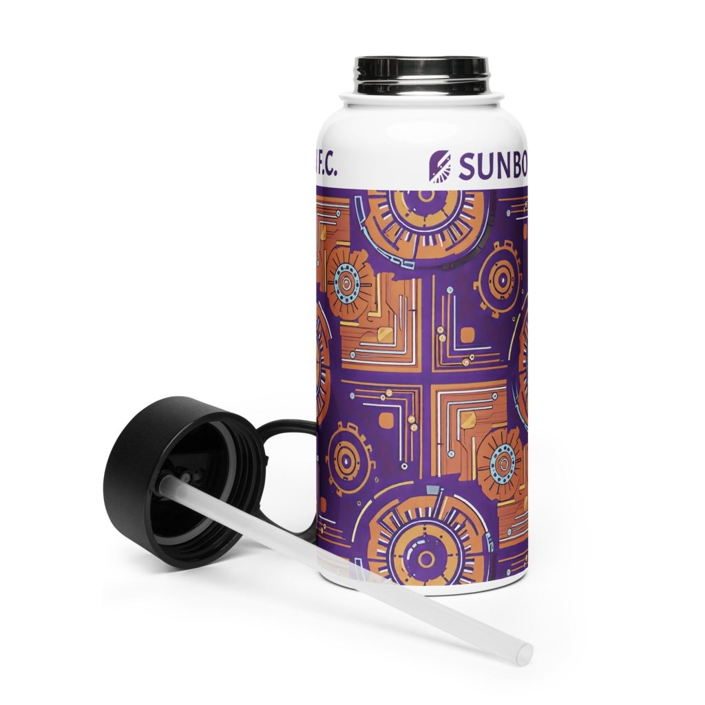 SunBorn Kinetic Engine water bottle studio shot — white 32oz stainless steel bottle with purple and orange circuit-and-gear print, black flip-straw lid resting beside the bottle