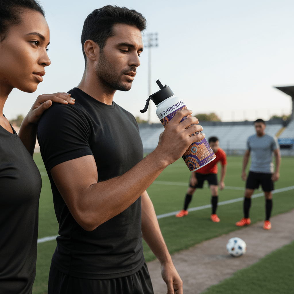 Two soccer players on the sideline, one holding the SunBorn Kinetic Engine water bottle mid-sip with a match ball resting on the ground nearby