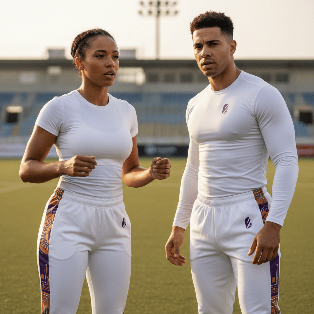 Sankofa unisex joggers — Afrofuturist heritage training pants — royal purple and forge copper side seam — image 5 — SunBorn