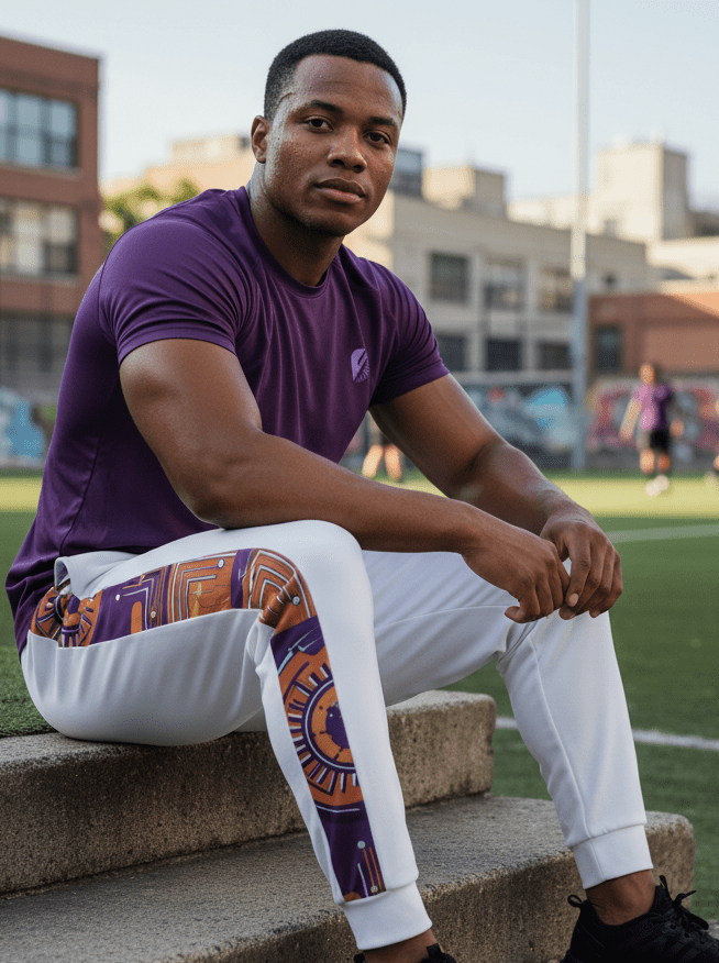 Sankofa unisex joggers — Afrofuturist heritage training pants — royal purple and forge copper side seam — image 3 — SunBorn