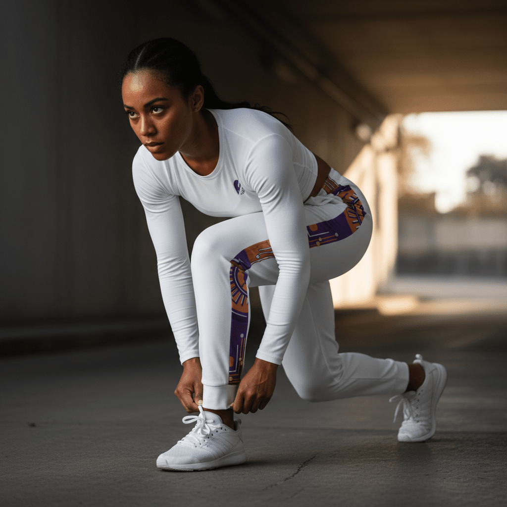 Sankofa unisex joggers — Afrofuturist heritage training pants — royal purple and forge copper side seam — image 4 — SunBorn