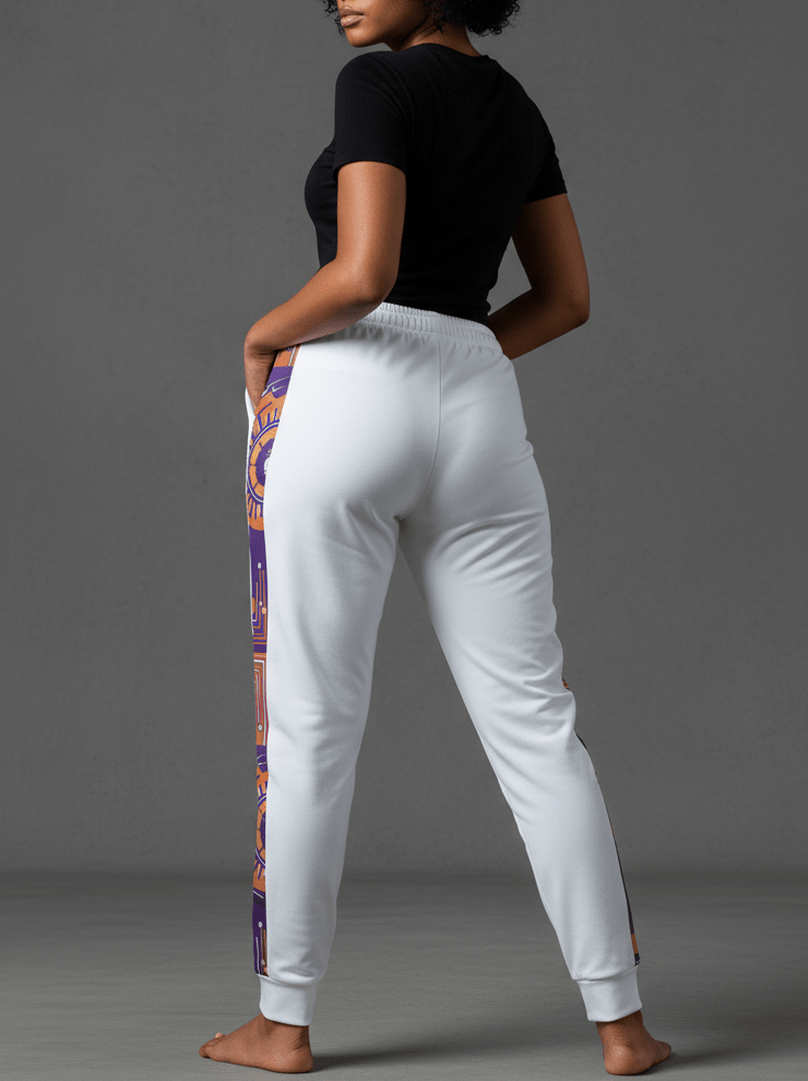 Sankofa unisex joggers — Afrofuturist heritage training pants — royal purple and forge copper side seam — image 2 — SunBorn