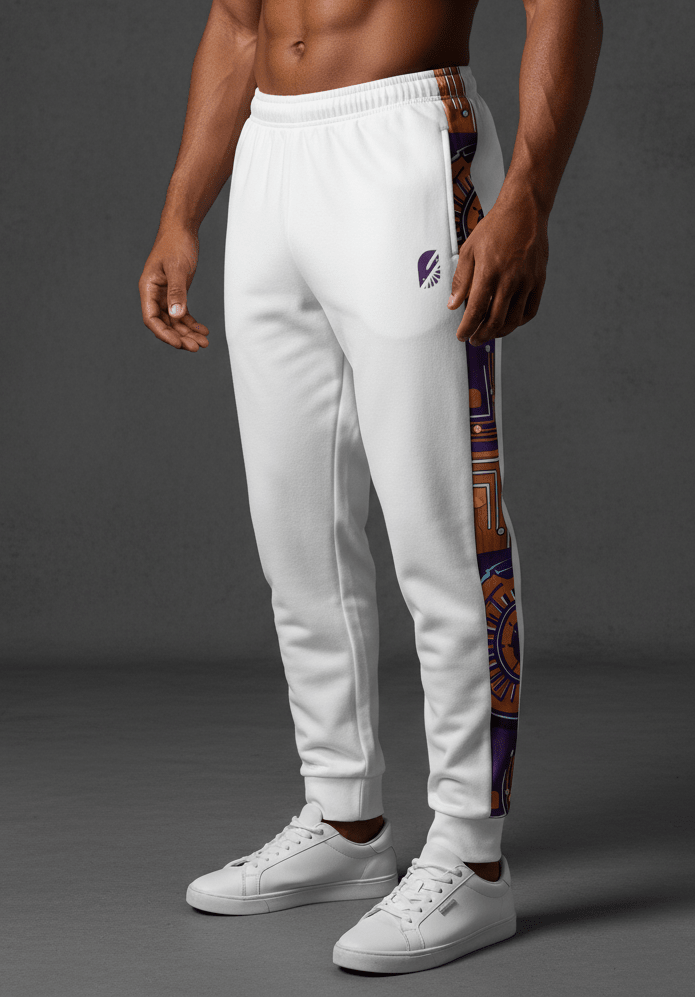 Sankofa unisex joggers — Afrofuturist heritage training pants — royal purple and forge copper side seam — image 1 — SunBorn