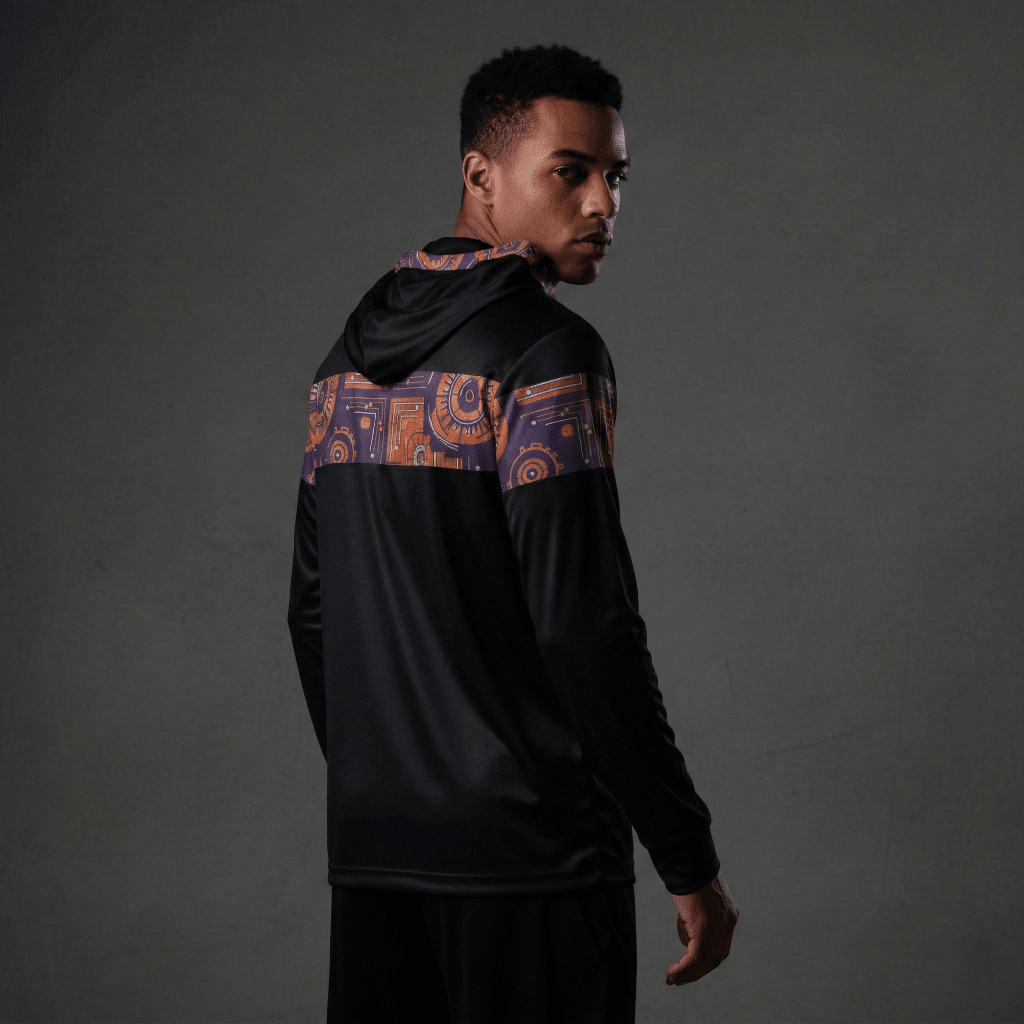 Sankofa warmup hoodie in black — Afrofuturist heritage training piece — royal purple and forge copper detailing — image 2 — SunBorn
