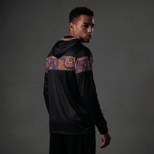 Sankofa warmup hoodie in black — Afrofuturist heritage training piece — royal purple and forge copper detailing — image 2 — SunBorn