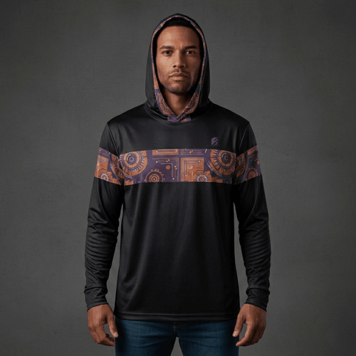 Sankofa warmup hoodie in black — Afrofuturist heritage training piece — royal purple and forge copper detailing — image 1 — SunBorn