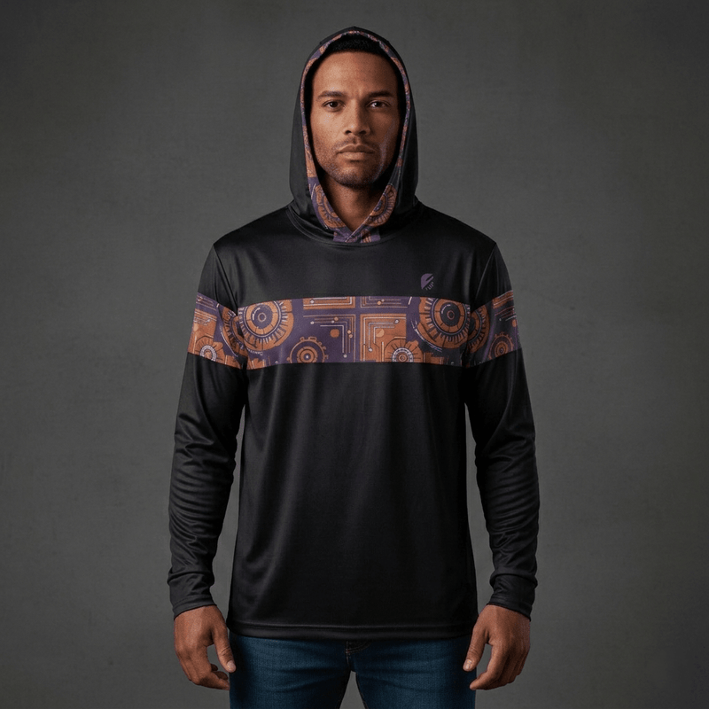 Sankofa warmup hoodie in black — Afrofuturist heritage training piece — royal purple and forge copper detailing — image 1 — SunBorn
