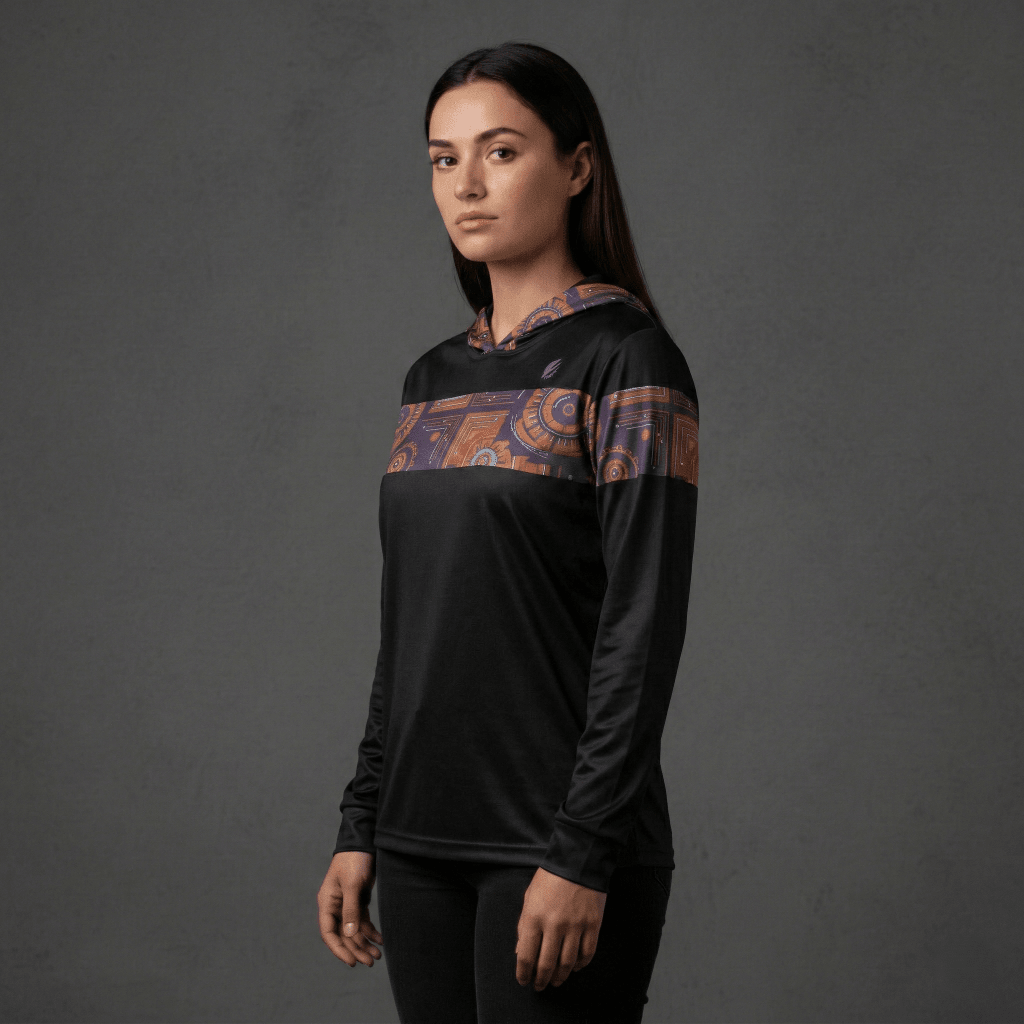 Sankofa warmup hoodie in black — Afrofuturist heritage training piece — royal purple and forge copper detailing — image 3 — SunBorn