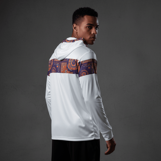 Sankofa warmup hoodie in white — Afrofuturist heritage training piece — royal purple and forge copper detailing — image 2 — SunBorn