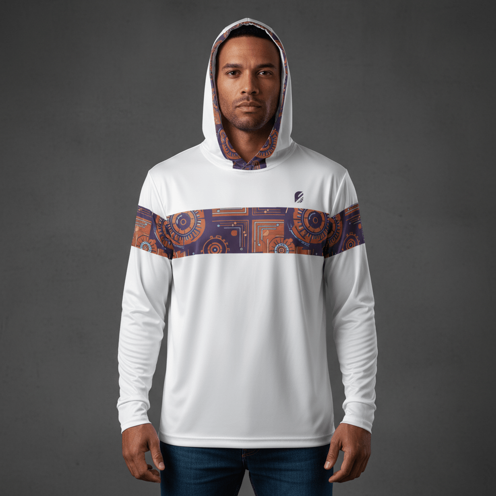 Sankofa warmup hoodie in white — Afrofuturist heritage training piece — royal purple and forge copper detailing — image 1 — SunBorn