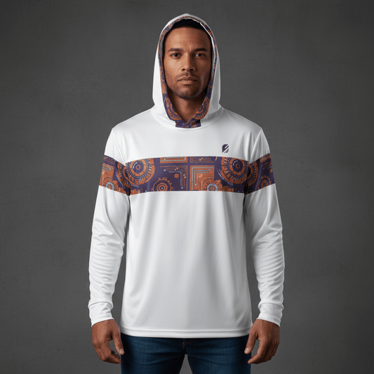 Sankofa warmup hoodie in white — Afrofuturist heritage training piece — royal purple and forge copper detailing — image 1 — SunBorn