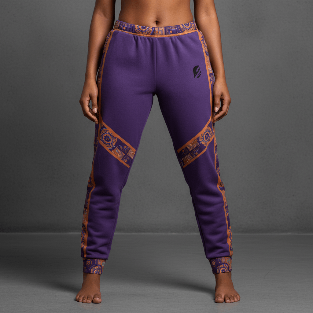 Sankofa women's joggers — Afrofuturist heritage training pants — royal purple and forge copper side seam — image 1 — SunBorn