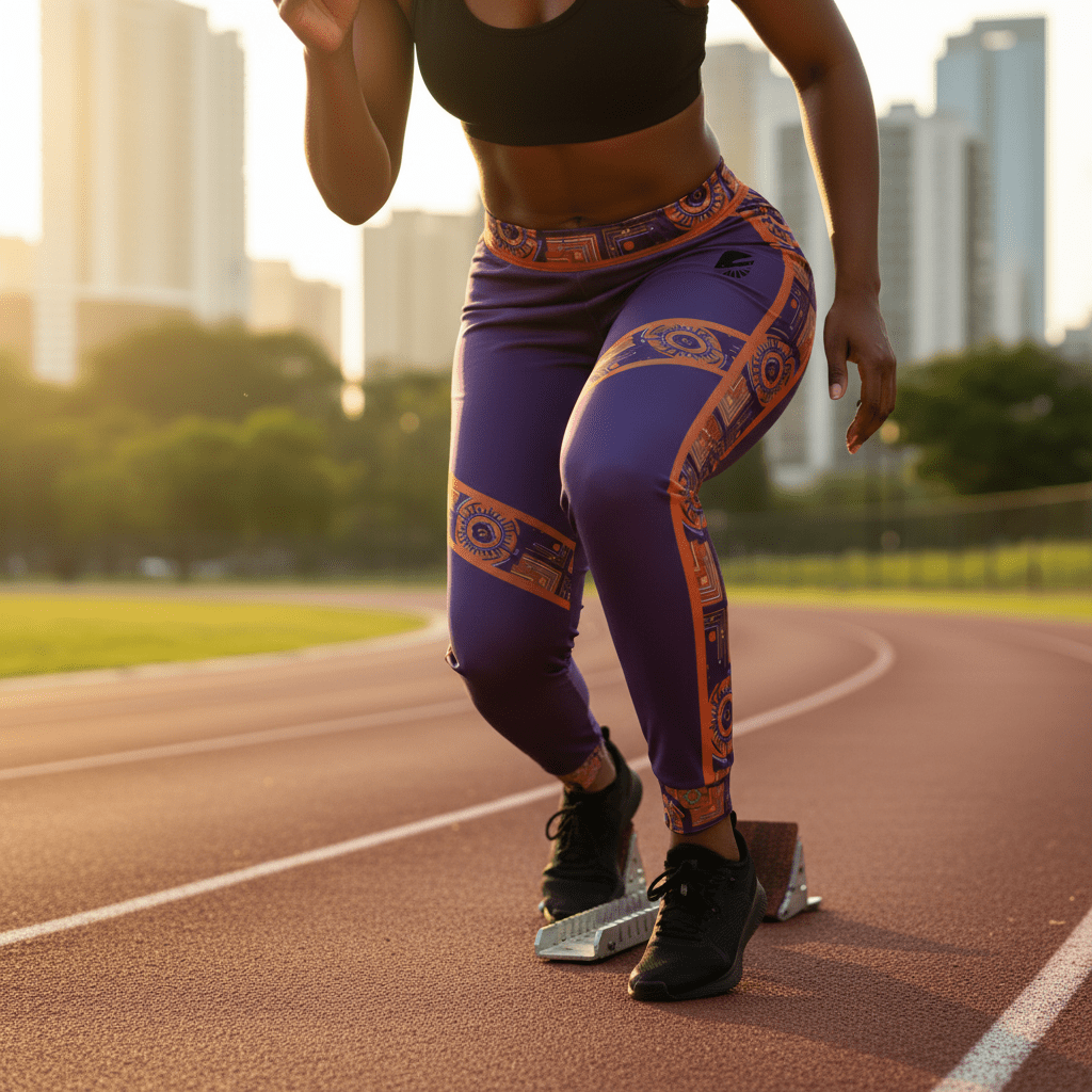 Sankofa women's joggers — Afrofuturist heritage training pants — royal purple and forge copper side seam — image 5 — SunBorn