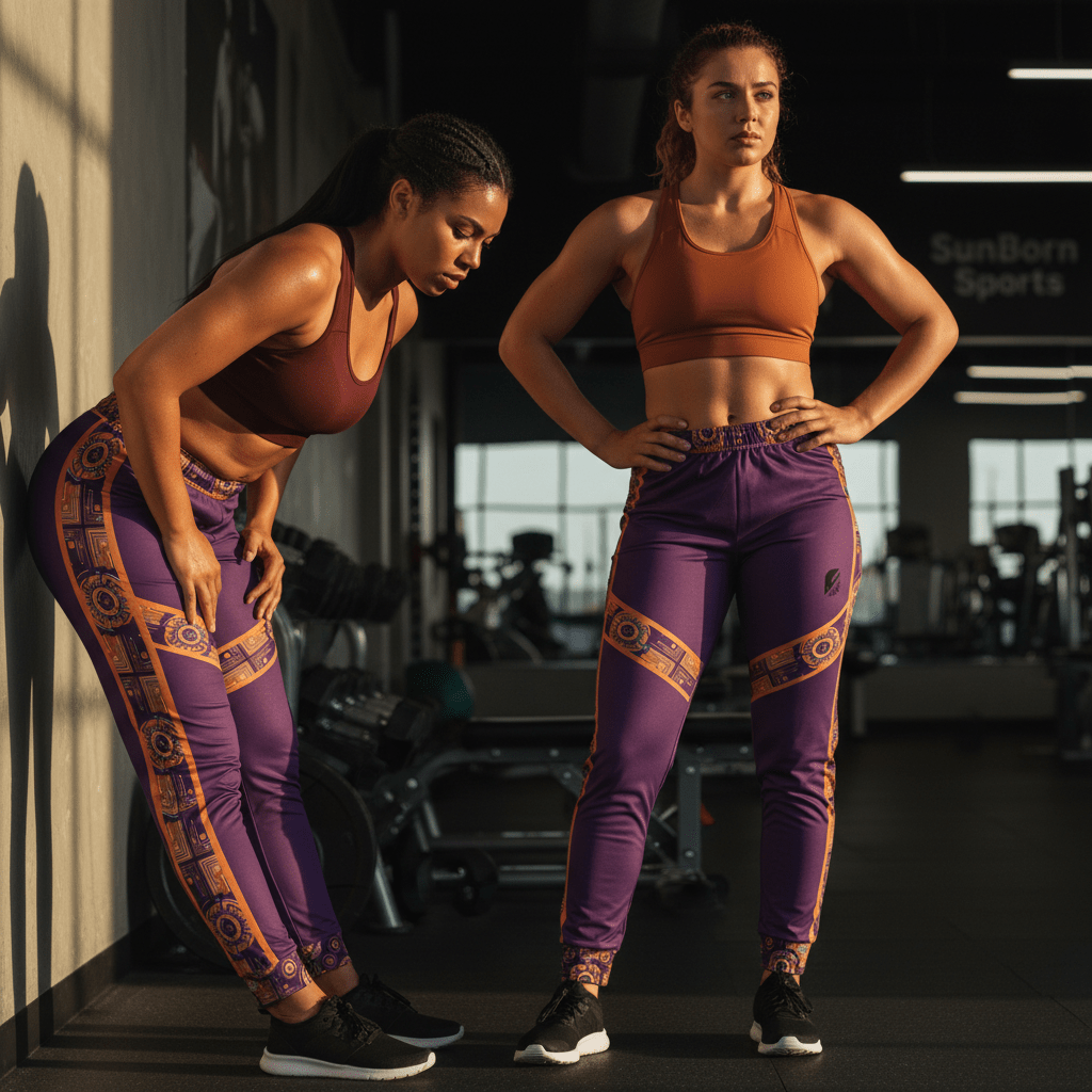 Sankofa women's joggers — Afrofuturist heritage training pants — royal purple and forge copper side seam — image 4 — SunBorn