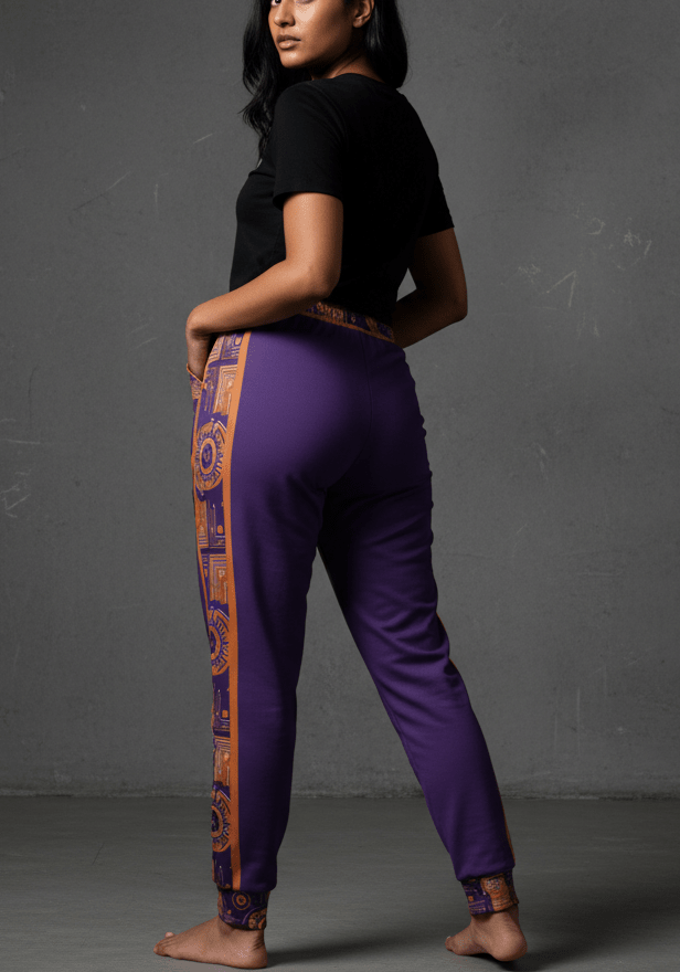 Sankofa women's joggers — Afrofuturist heritage training pants — royal purple and forge copper side seam — image 3 — SunBorn