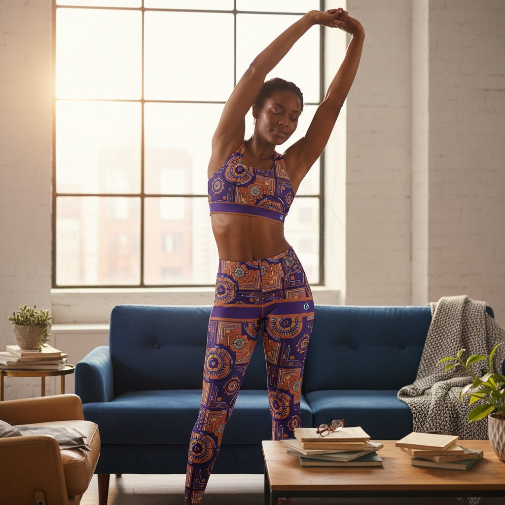 Sankofa women's sports bra and leggings set — Afrofuturist heritage compression — royal purple gear-and-circuit geometry — image 4 — SunBorn