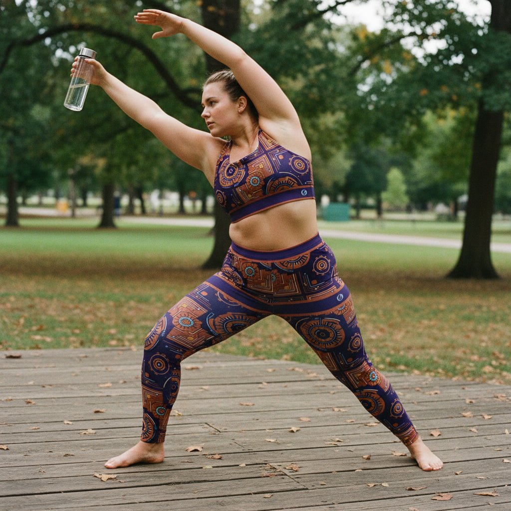 Sankofa women's sports bra and leggings set — Afrofuturist heritage compression — royal purple gear-and-circuit geometry — image 7 — SunBorn
