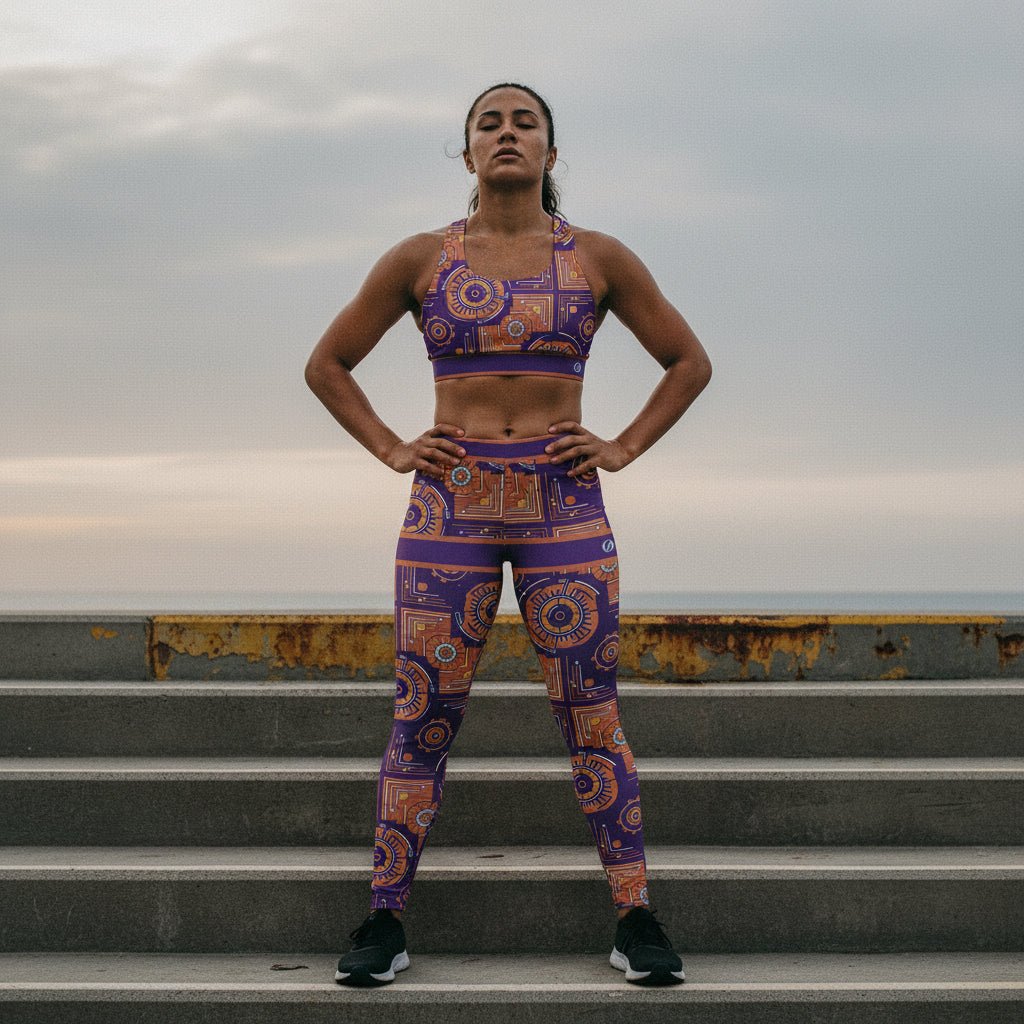 Sankofa women's sports bra and leggings set — Afrofuturist heritage compression — royal purple gear-and-circuit geometry — image 6 — SunBorn