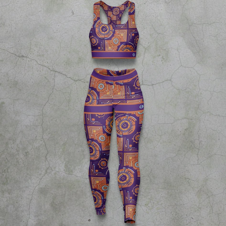 Sankofa women's sports bra and leggings set — Afrofuturist heritage compression — royal purple gear-and-circuit geometry — image 2 — SunBorn