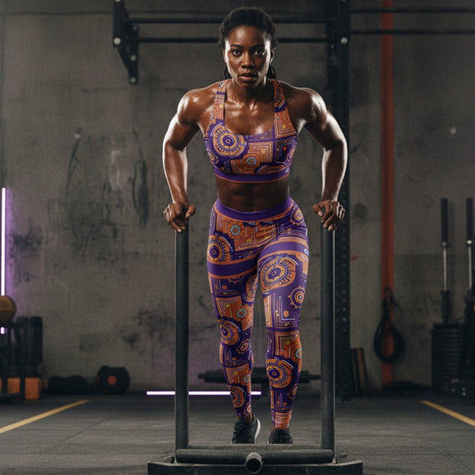 Sankofa women's sports bra and leggings set — Afrofuturist heritage compression — royal purple gear-and-circuit geometry — image 3 — SunBorn