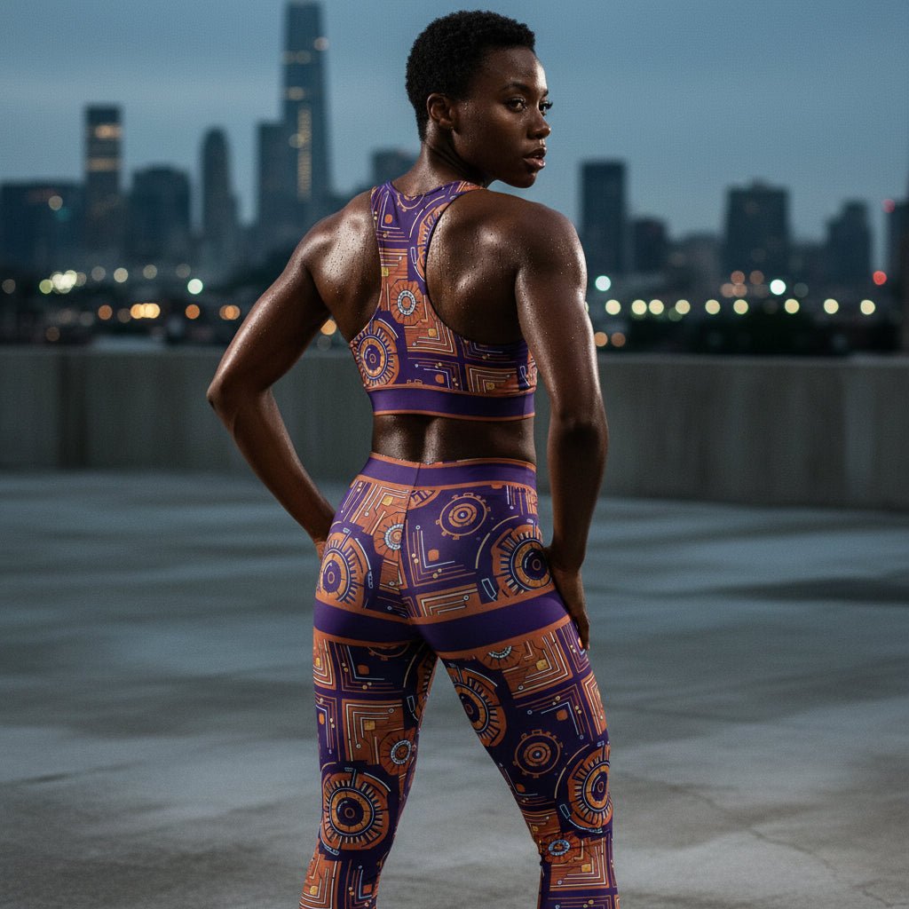 Sankofa women's sports bra and leggings set — Afrofuturist heritage compression — royal purple gear-and-circuit geometry — image 5 — SunBorn