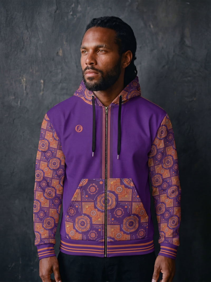 Sankofa Kinetic Engine Zip Hoodie by SunBorn — Captain studio portrait, Helix//Loom Vol I heritage hoodie, royal purple and burnt orange Kinetic Engine textile