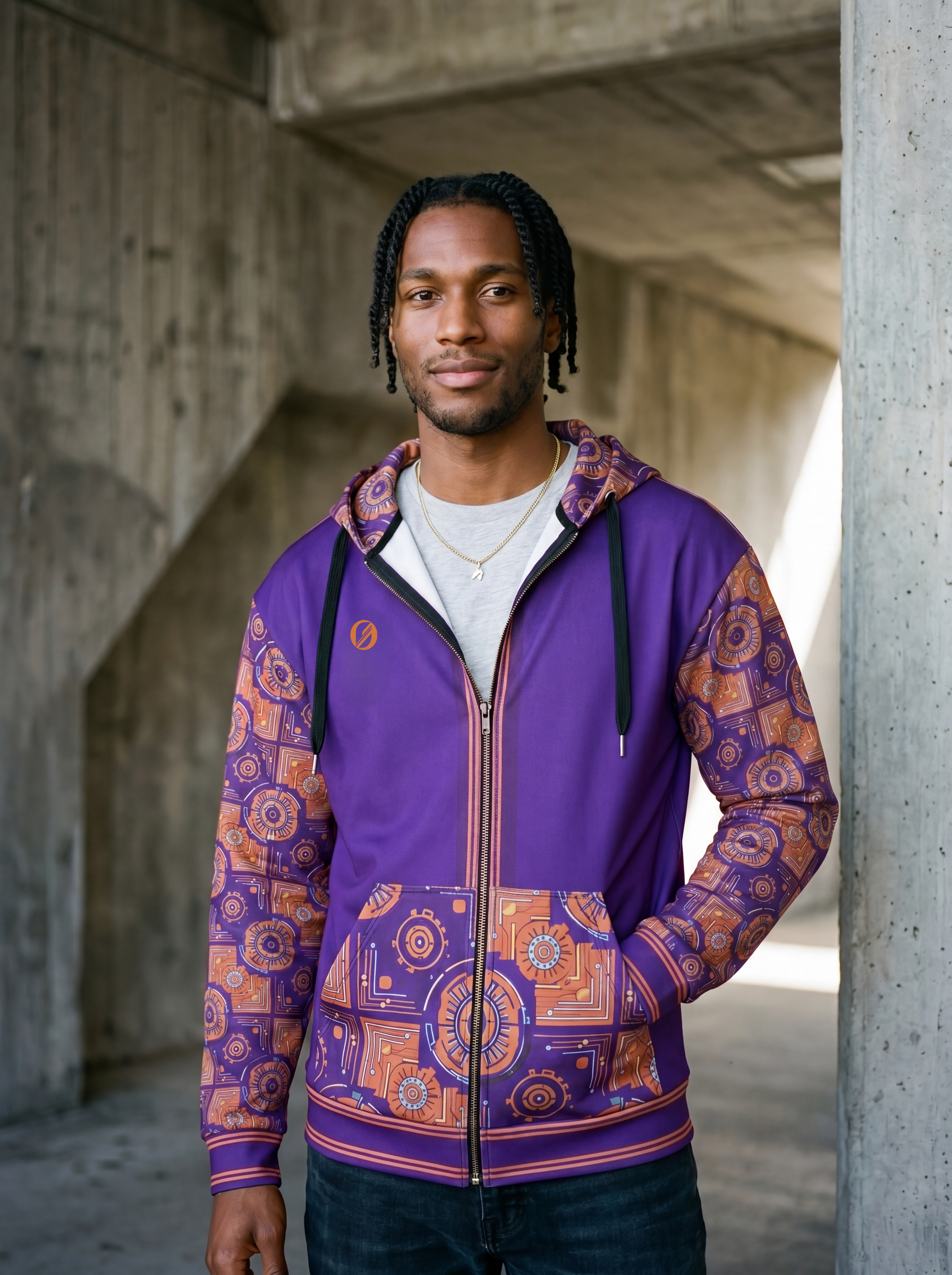 Sankofa Kinetic Engine Zip Hoodie by SunBorn — royal purple gear-and-circuit print editorial — image 5