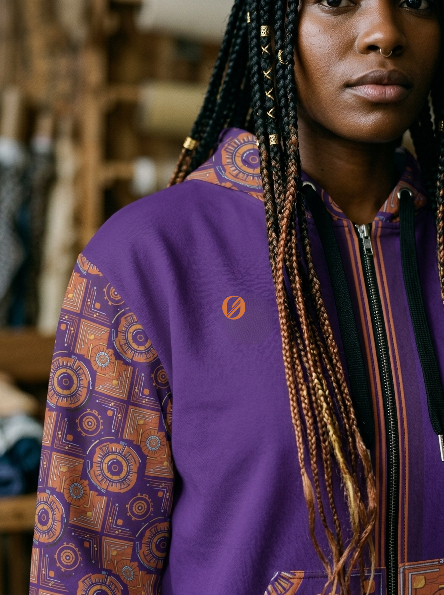 Sankofa Kinetic Engine Zip Hoodie by SunBorn — Sister loom textile detail, Kinetic Engine gear-and-turbine motif close-up