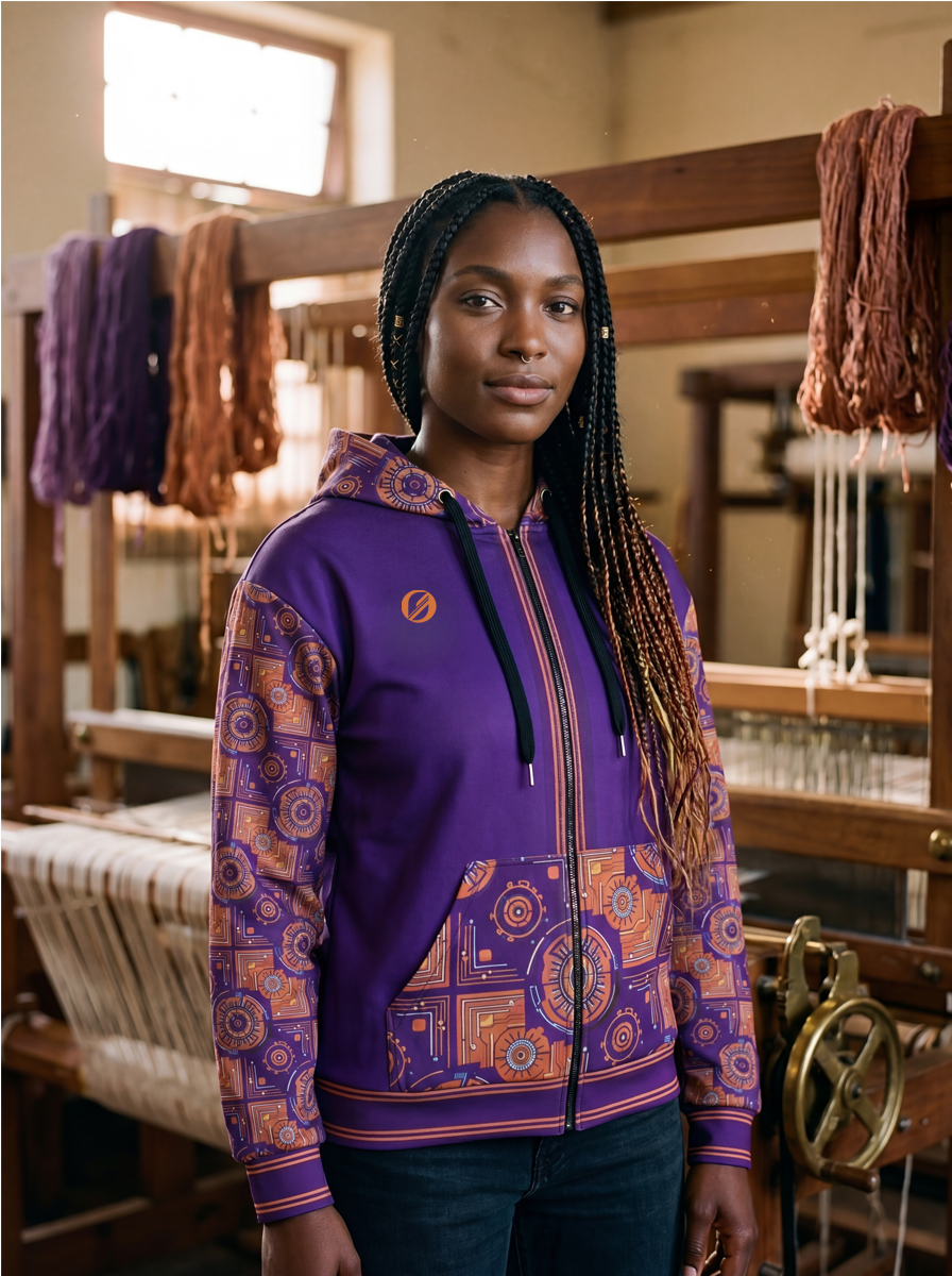Sankofa Kinetic Engine Zip Hoodie by SunBorn — Sister loom textile macro, Kinetic Engine circuit weave detail