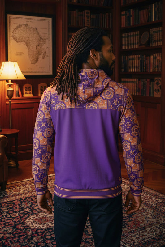 Sankofa Kinetic Engine Zip Hoodie by SunBorn — royal purple Helix//Loom Vol I heritage hoodie on model — image 2