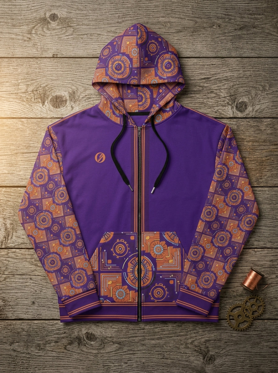 Sankofa Kinetic Engine Zip Hoodie by SunBorn — editorial flat lay v2, Heritage Workshop setting, canonical reference photography