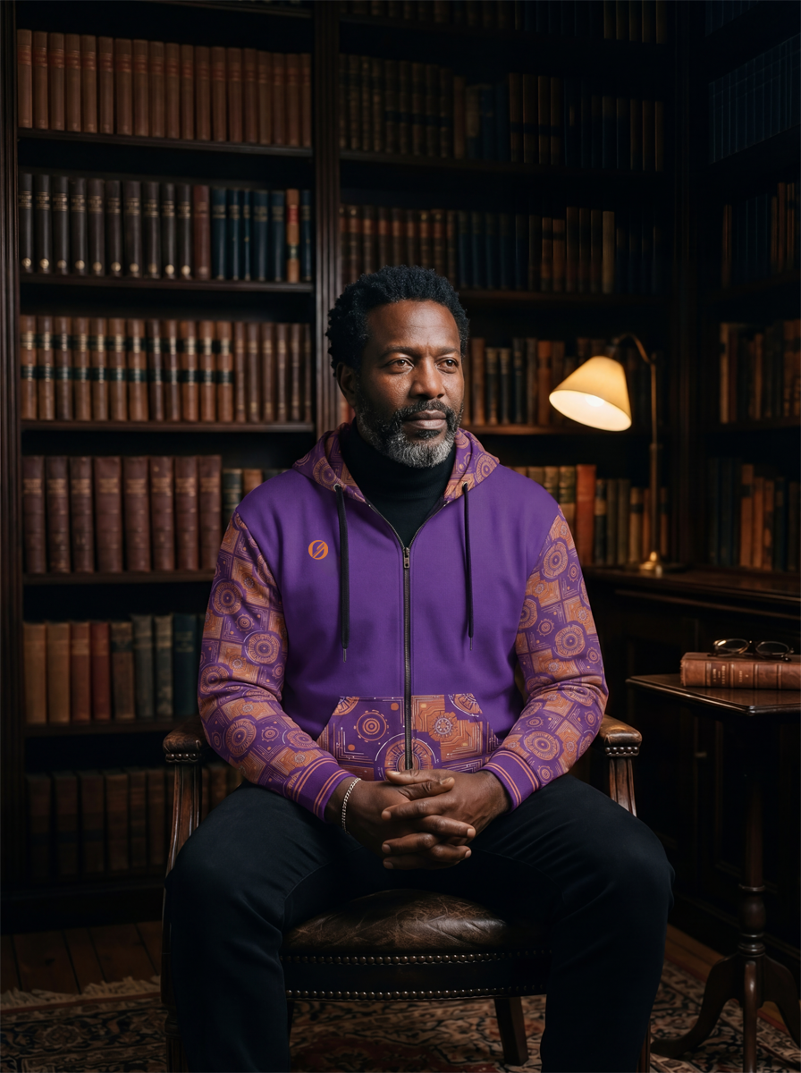 Sankofa Kinetic Engine Zip Hoodie by SunBorn — Builder library wide editorial, Helix//Loom Vol I, layered with roll-neck