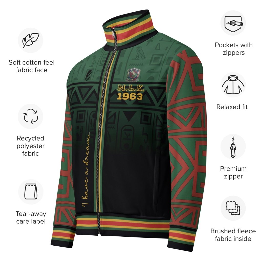 BHM '26 commemorative track jacket — MLK Protocol Pan-African heritage outerwear with civil rights iconography — image 8 — SunBorn