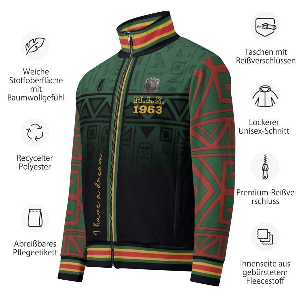 BHM '26 commemorative track jacket — MLK Protocol Pan-African heritage outerwear with civil rights iconography — image 10 — SunBorn