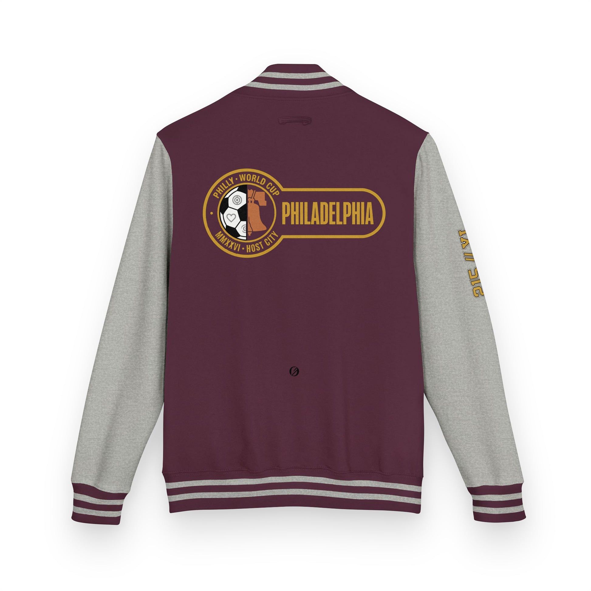 Philadelphia '26 Host City Letterman Jacket in Burgundy/Heather Grey, back view with Liberty Protocol crest and PHILADELPHIA wordmark