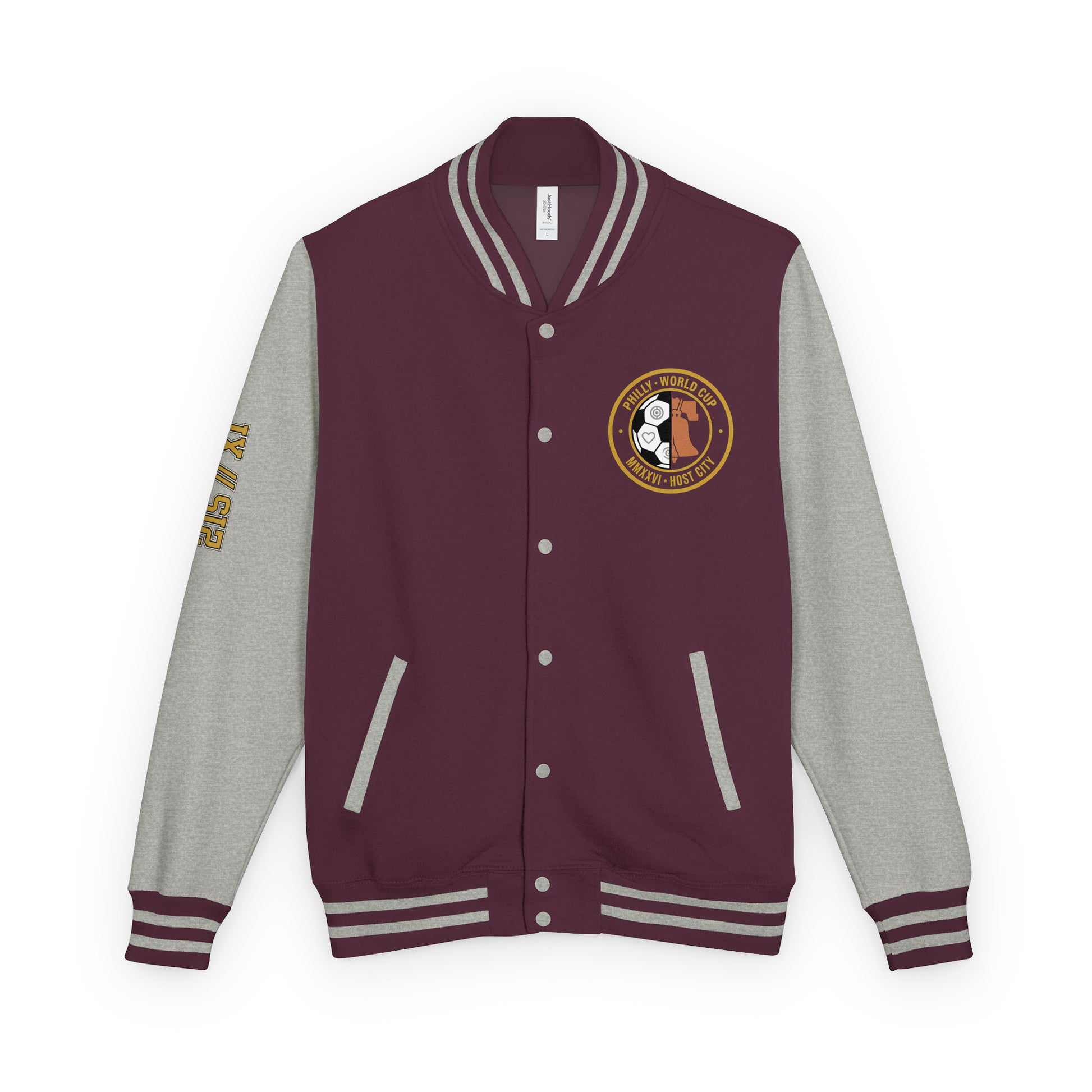 Philadelphia '26 Host City Letterman Jacket in Burgundy/Heather Grey, front view with Liberty Protocol crest badge