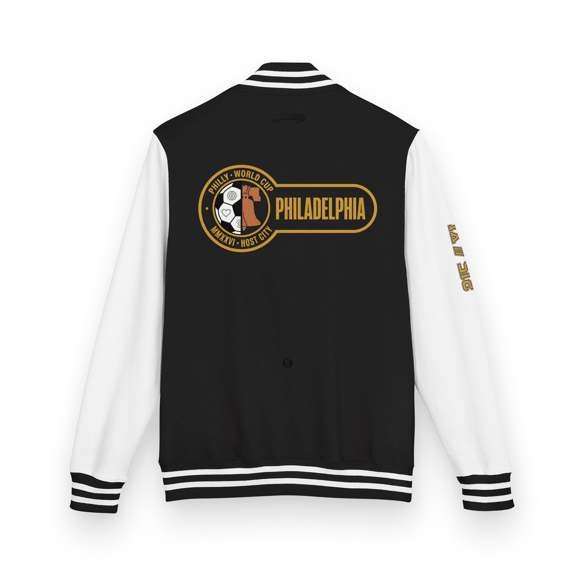 Philadelphia '26 Host City Letterman Jacket in Jet Black/Arctic White, back view with Liberty Protocol crest and PHILADELPHIA wordmark