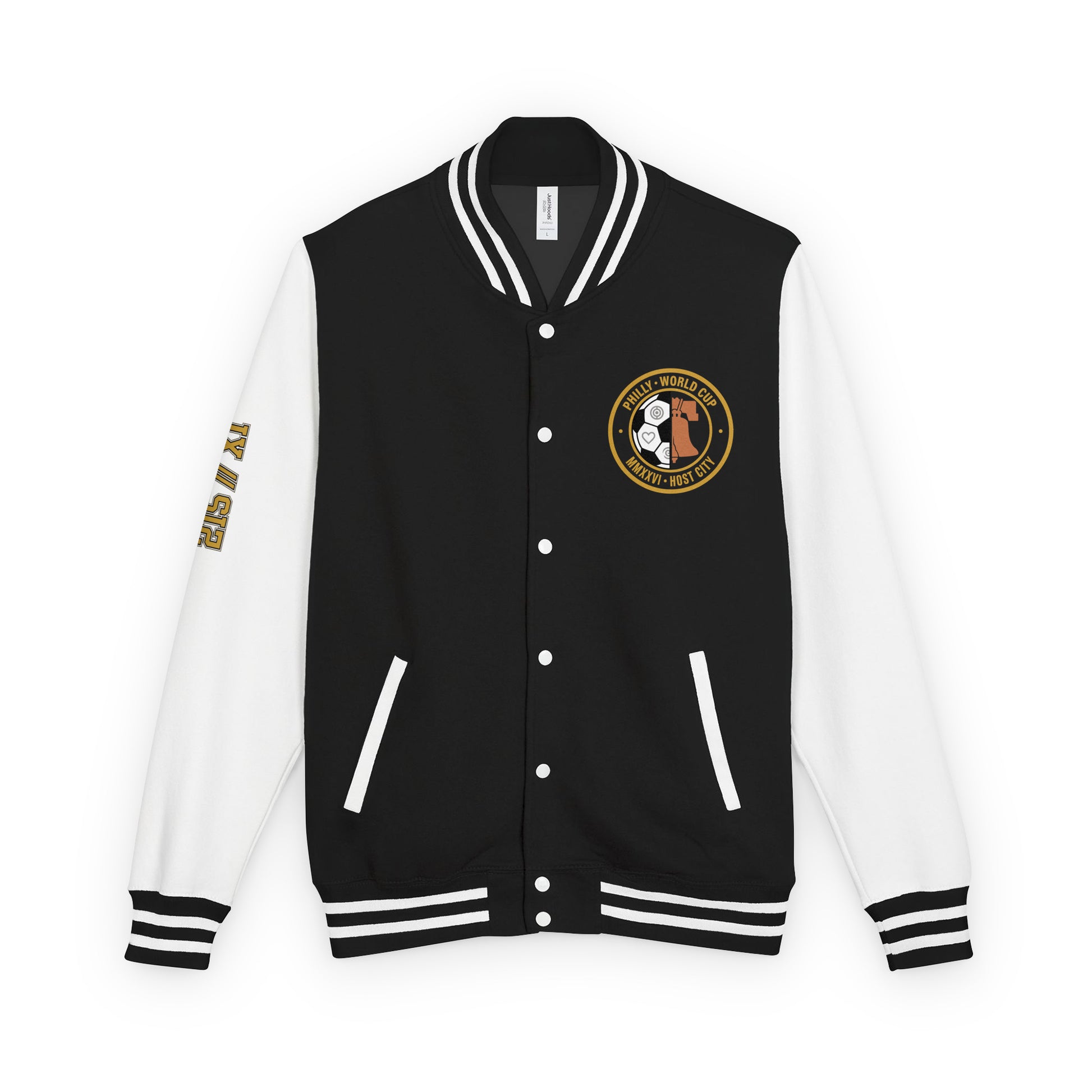 Philadelphia '26 Host City Letterman Jacket in Jet Black/Arctic White, front view with Liberty Protocol crest badge