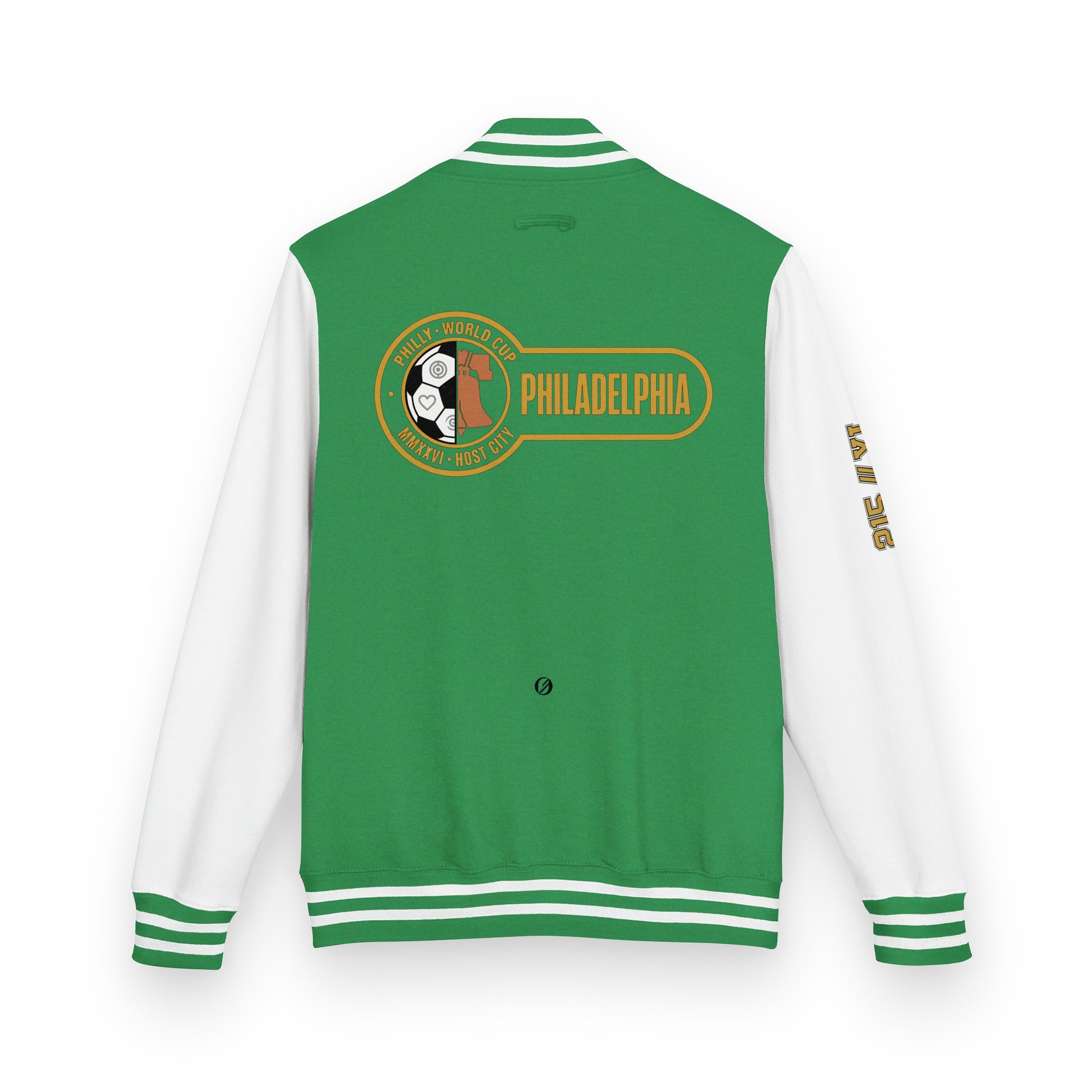 Philadelphia '26 Host City Letterman Jacket in Kelly Green/Arctic White, back view with Liberty Protocol crest and PHILADELPHIA wordmark