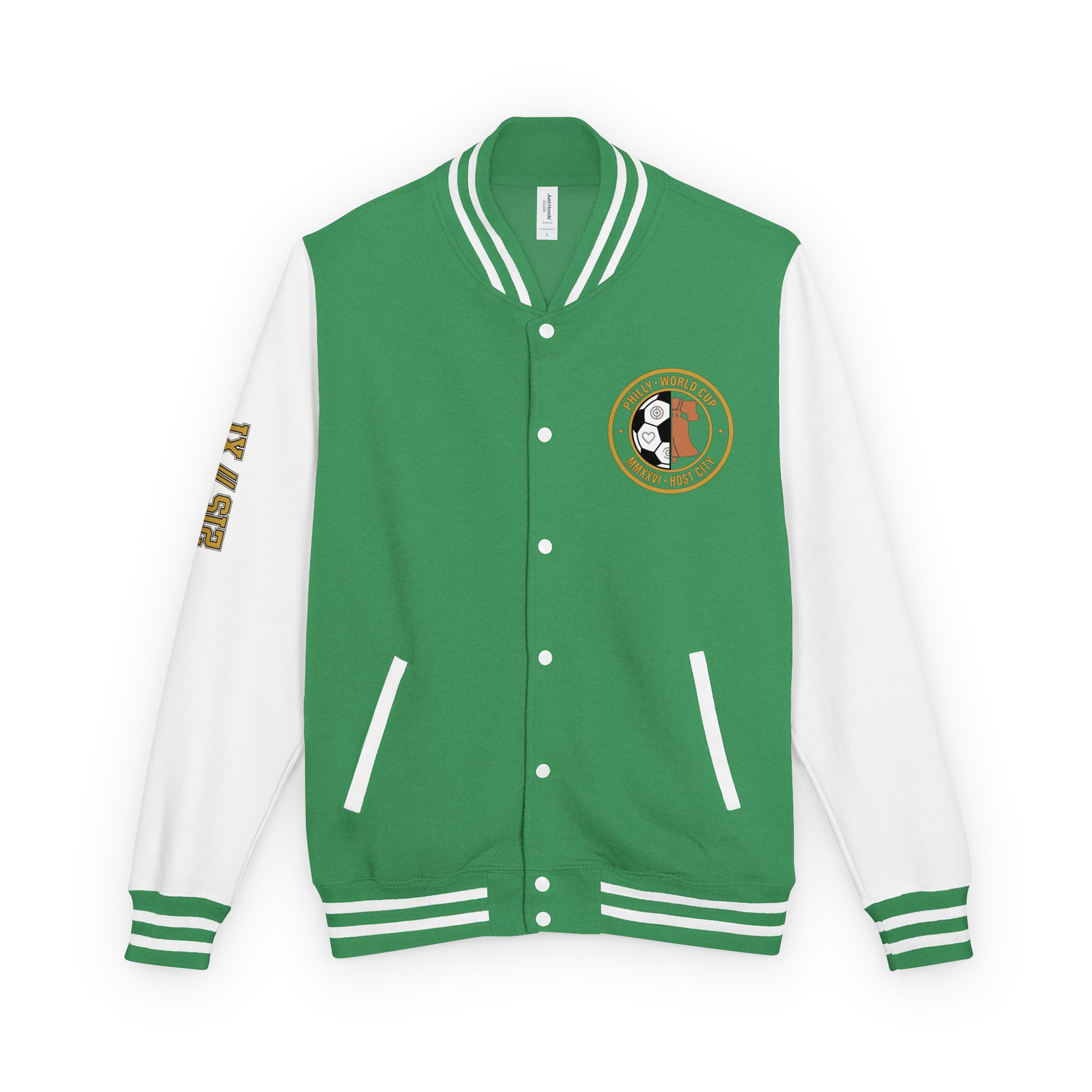 Philadelphia '26 Host City Letterman Jacket in Kelly Green/Arctic White, front view with Liberty Protocol crest badge